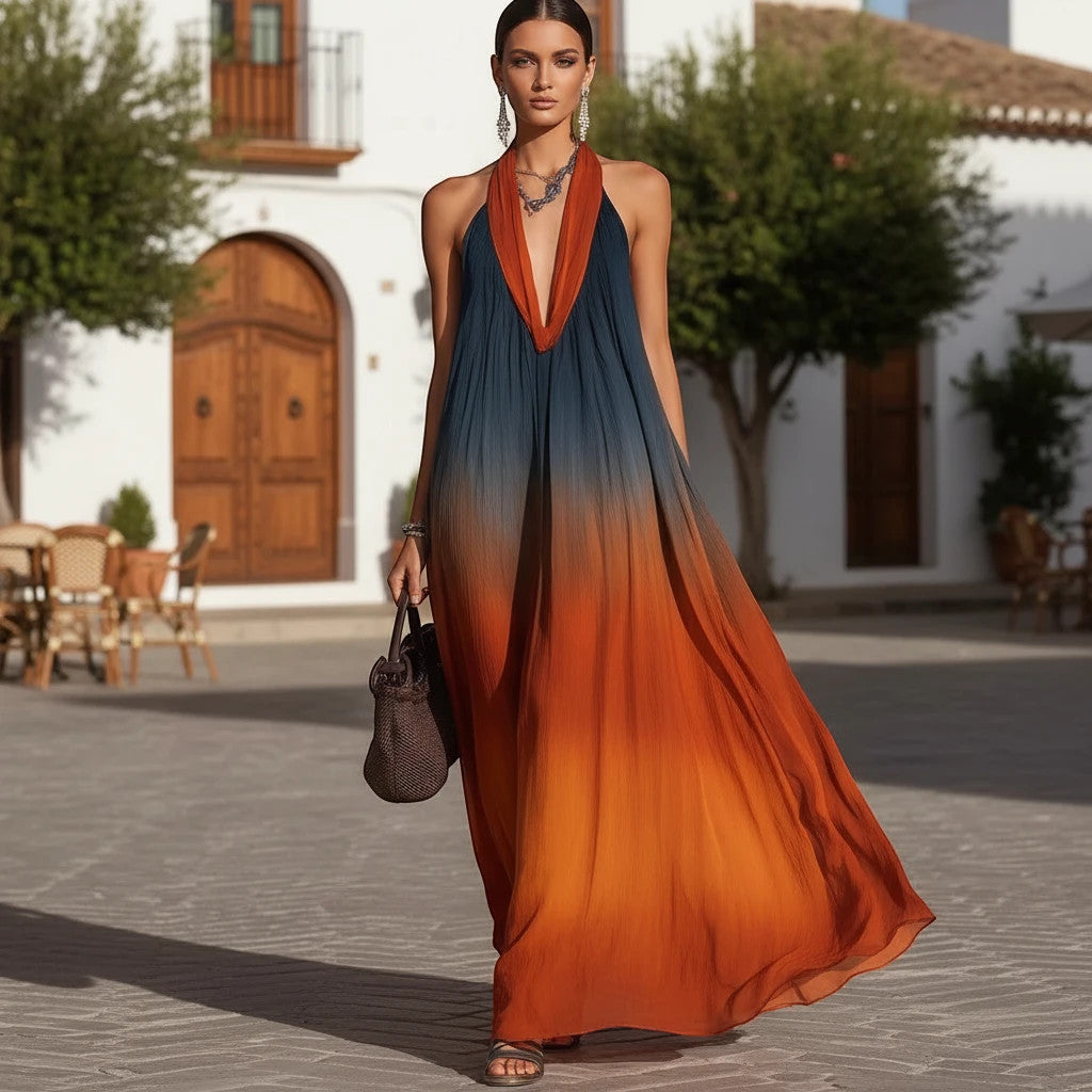 ZOFIA ATELIER Leticia sleeveless maxi dress with plunging neckline in gradient orange and blue, wide hem, relaxed fit.