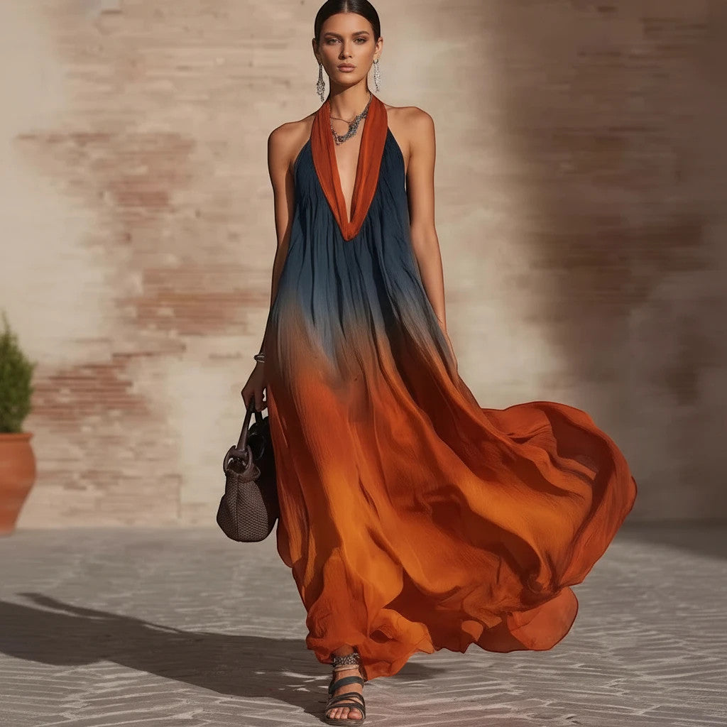 ZOFIA ATELIER Leticia sleeveless maxi dress with plunging neckline in orange and blue ombre polyester.