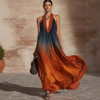 ZOFIA ATELIER Leticia sleeveless maxi dress with plunging neckline in orange and blue ombre polyester.