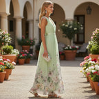 ZOFIA ATELIER light blue sleeveless V-neck polyester gown with floral print and high waist.