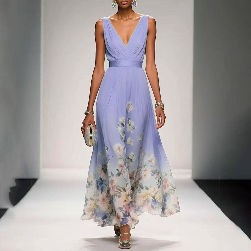 ZOFIA ATELIER light blue sleeveless V-neck polyester gown with floral print and high waist.