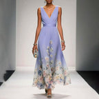 ZOFIA ATELIER light blue sleeveless V-neck polyester gown with floral print and high waist.