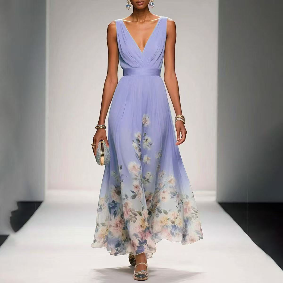 ZOFIA ATELIER light blue sleeveless V-neck polyester gown with floral print and high waist.
