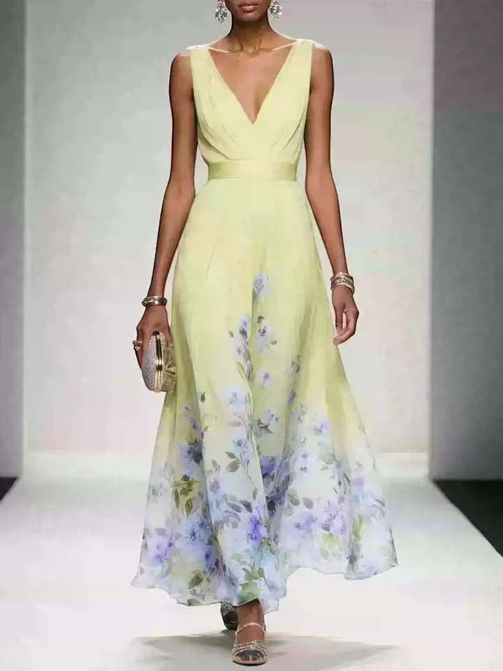 ZOFIA ATELIER light blue floral print sleeveless V-neck polyester gown with high waist and pullover closure.