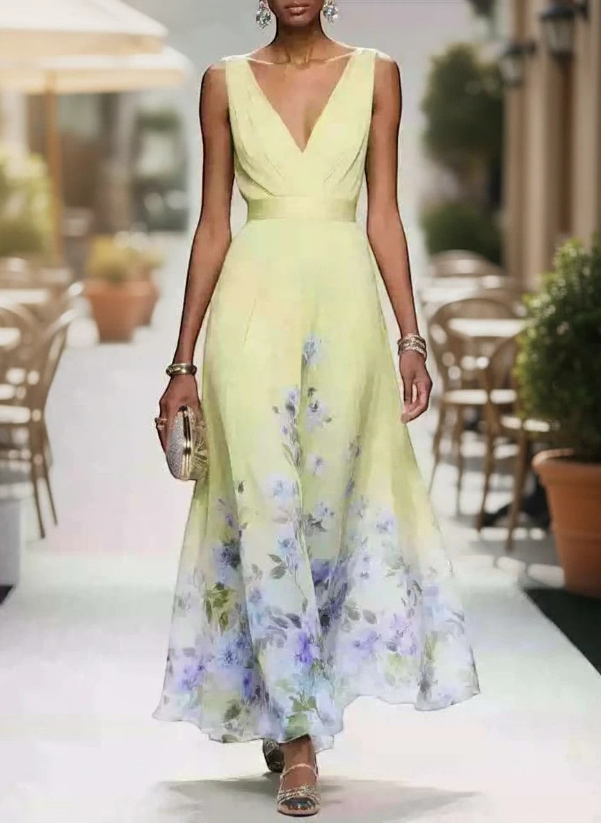 ZOFIA ATELIER light blue floral print V-neck sleeveless polyester gown with high waist