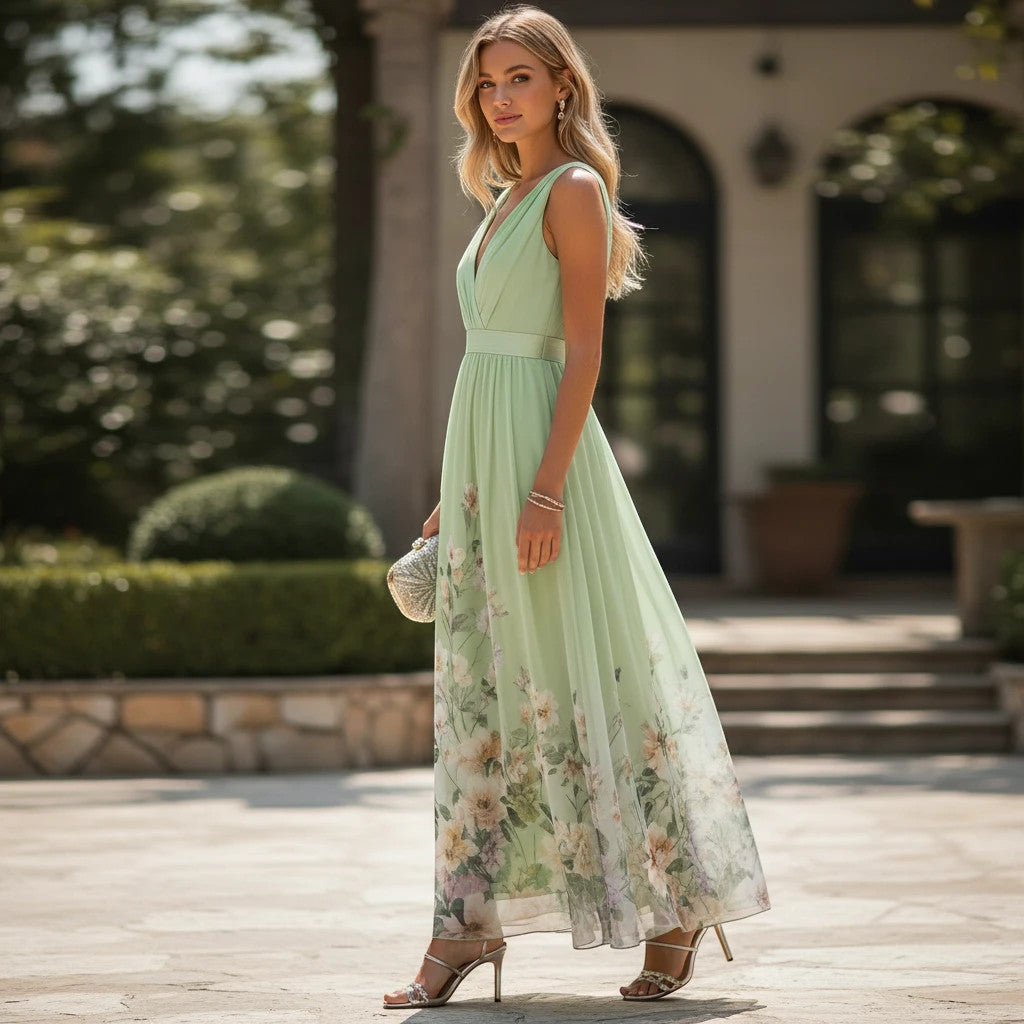 ZOFIA ATELIER light blue floral print sleeveless V-neck polyester gown with high waist and pullover closure.