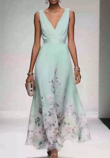 ZOFIA ATELIER light blue sleeveless V-neck polyester gown with high waist and floral print