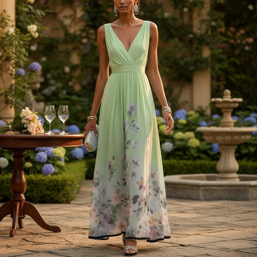 ZOFIA ATELIER light blue floral print V-neck sleeveless polyester gown with high waist and pullover closure.