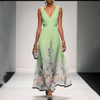 ZOFIA ATELIER light blue floral print sleeveless V-neck maxi dress with high waist and pullover closure.