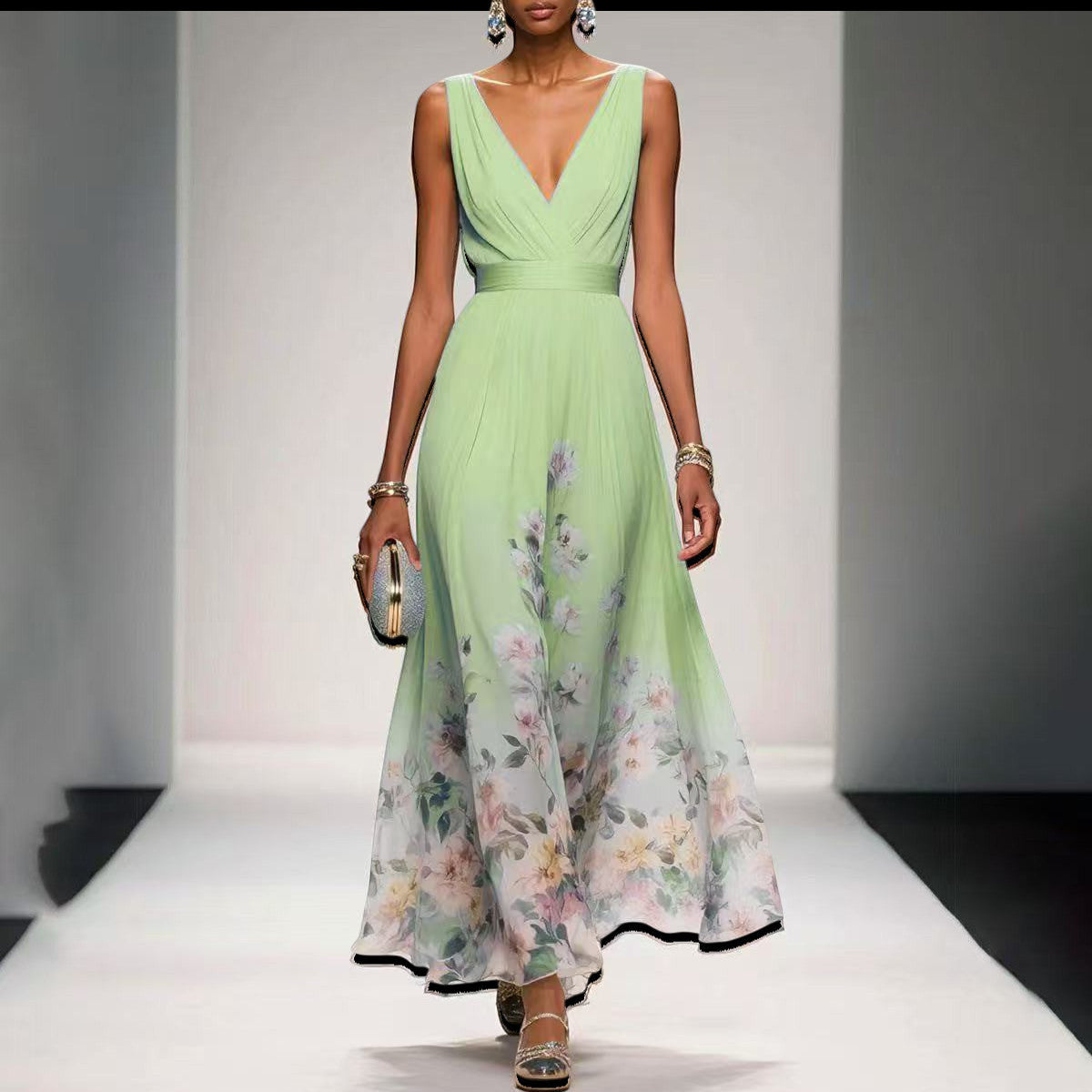 ZOFIA ATELIER light blue floral print sleeveless V-neck maxi dress with high waist and pullover closure.