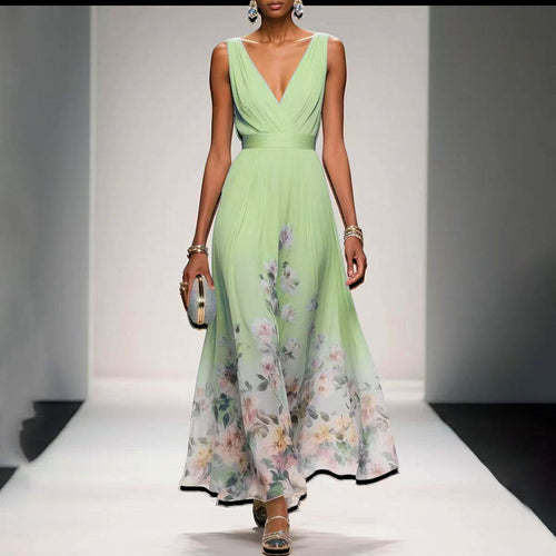 ZOFIA ATELIER light blue floral print sleeveless V-neck maxi dress with high waist and pullover closure.