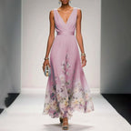 ZOFIA ATELIER light blue floral print sleeveless V-neck polyester maxi gown with high waist