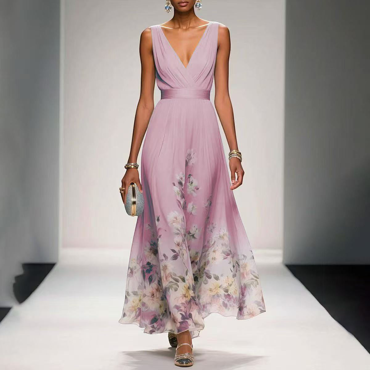 ZOFIA ATELIER light blue floral print sleeveless V-neck polyester maxi gown with high waist