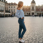 ZOFIA ATELIER light blue polyester off-shoulder ruffle shirt with seven-quarter sleeves, paired with denim jeans.
