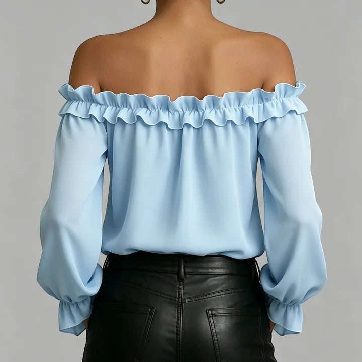 ZOFIA ATELIER light blue off-shoulder ruffled polyester shirt with seven-quarter sleeves
