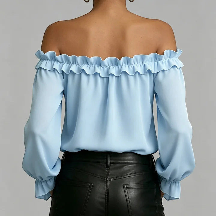 ZOFIA ATELIER light blue off-shoulder ruffled polyester shirt with seven-quarter sleeves