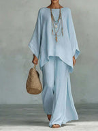 ZOFIA ATELIER light blue relaxed-fit polyester long sleeve top and full-length pants set with layered necklace