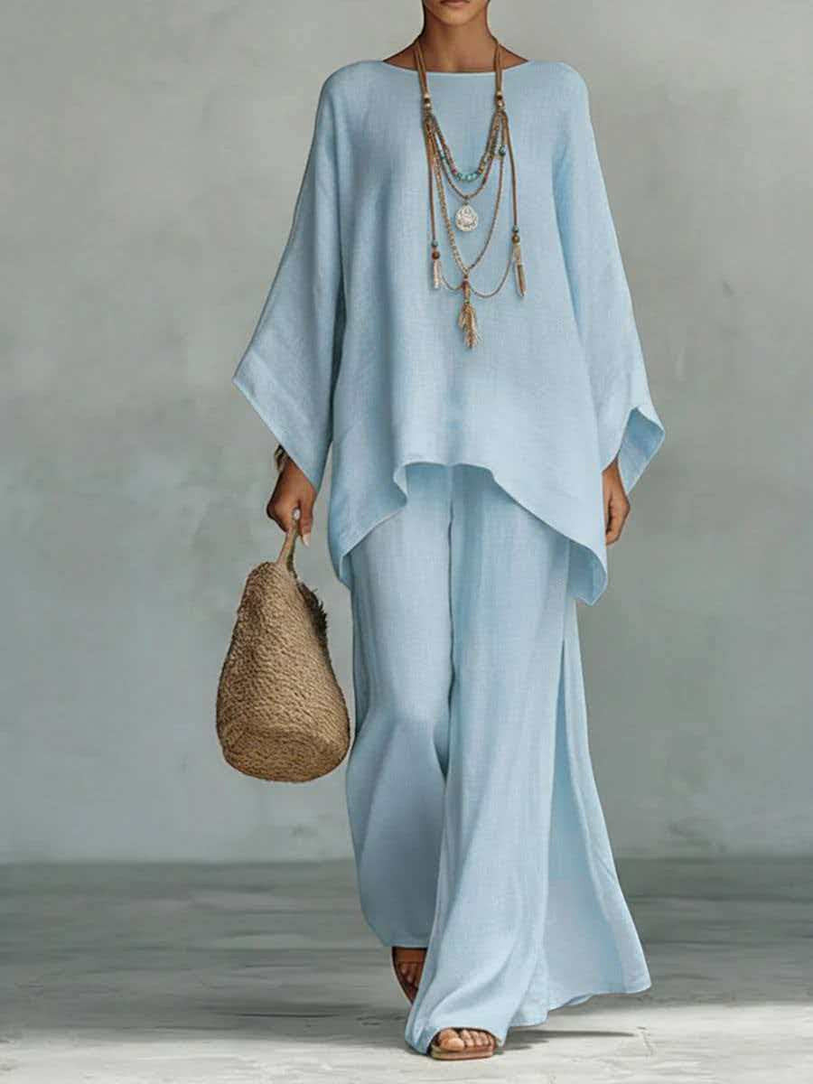 ZOFIA ATELIER light blue relaxed-fit polyester long sleeve top and full-length pants set with layered necklace