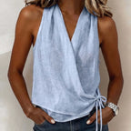 ZOFIA ATELIER light blue polyester V-neck sleeveless wrap-style tank top with tie detail