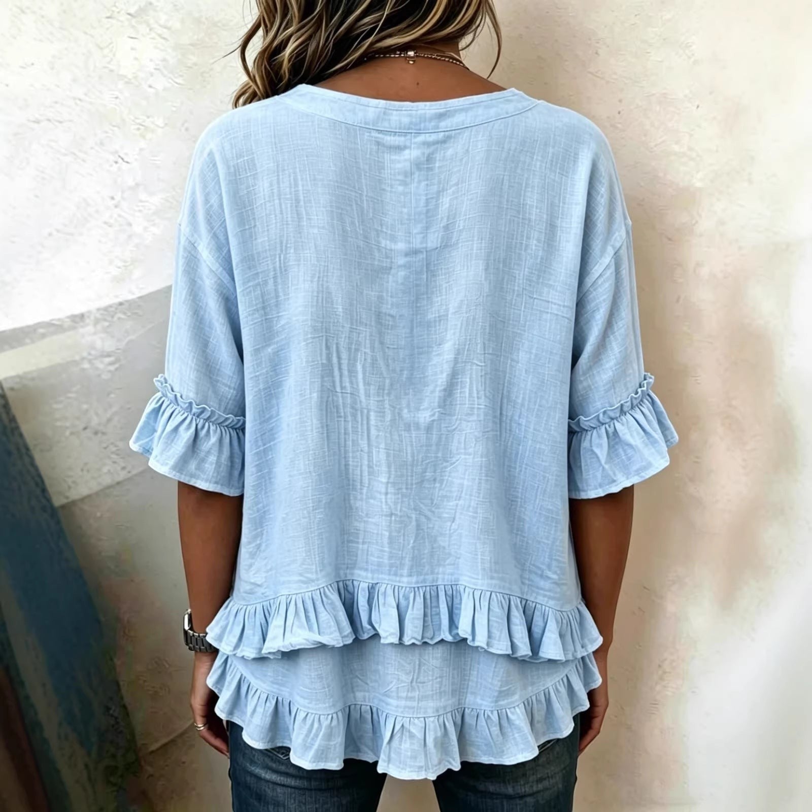 ZOFIA ATELIER light blue polyester ruffled v-neck three-quarter sleeve shirt