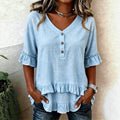 ZOFIA ATELIER light blue polyester ruffled V-neck three-quarter sleeve shirt with button details