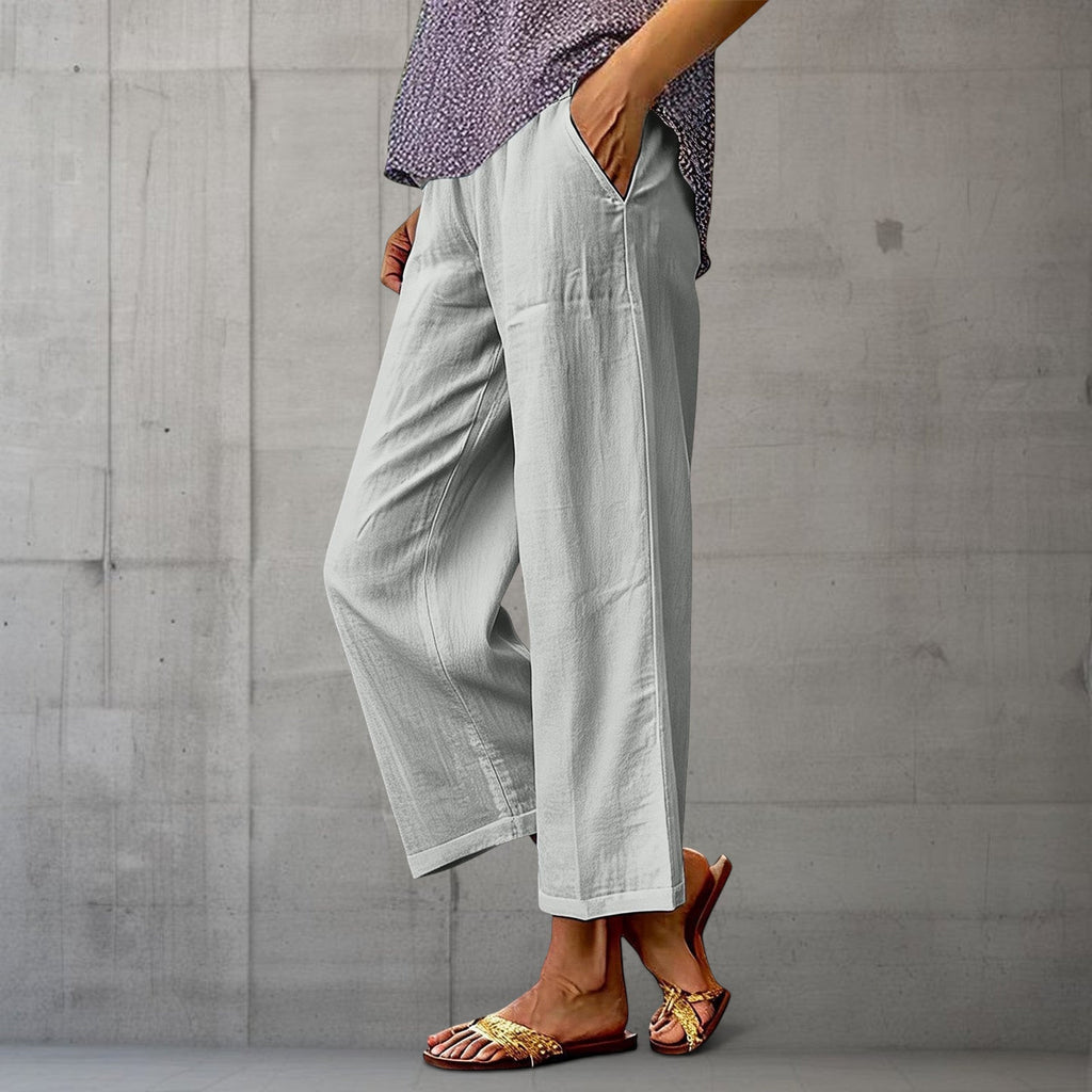 ZOFIA ATELIER light gray cotton-linen wide-leg pants with pockets and a relaxed fit.