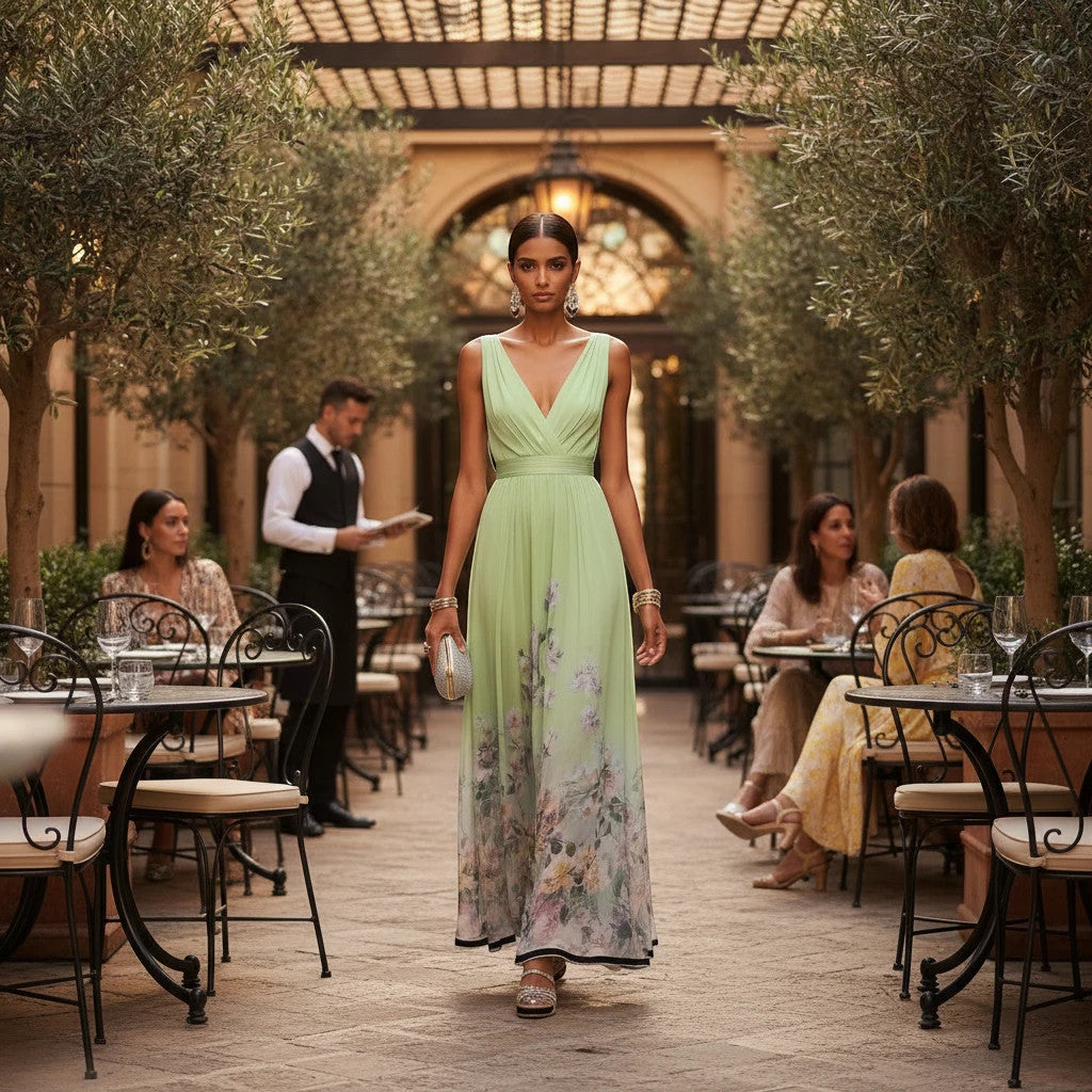 ZOFIA ATELIER light green floral print V-neck sleeveless polyester maxi gown with high waist