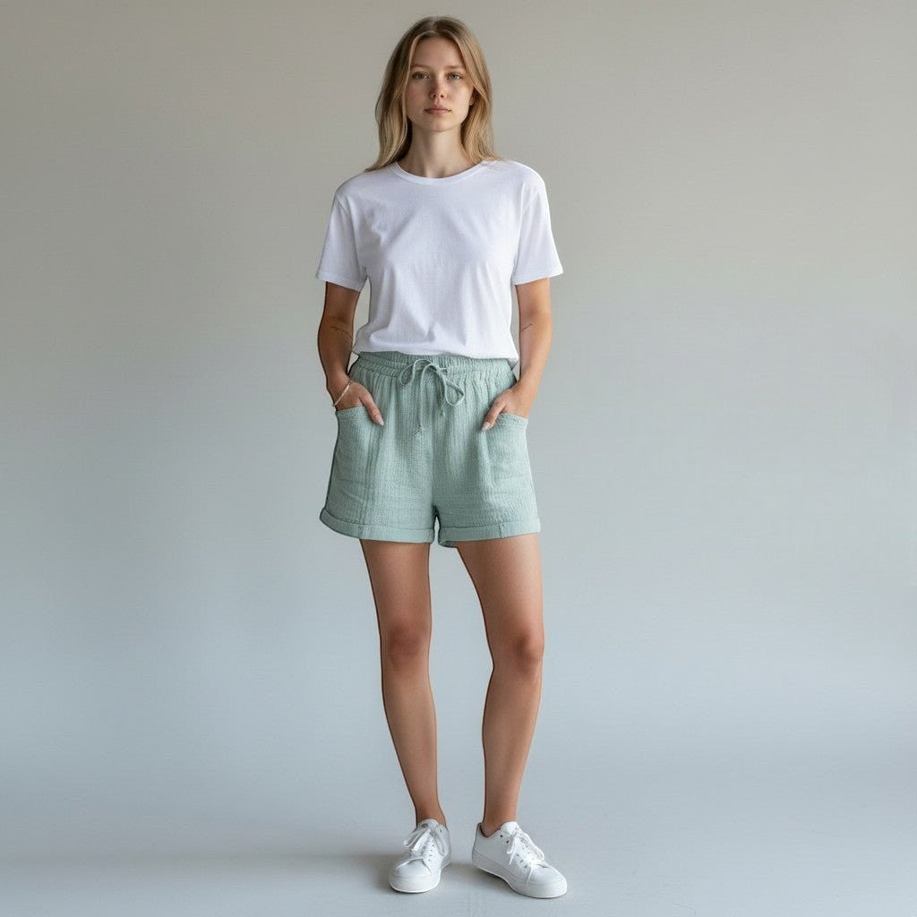 ZOFIA ATELIER light green linen-blend belted wide-leg shorts with pockets and drawstring waist, worn by a woman.