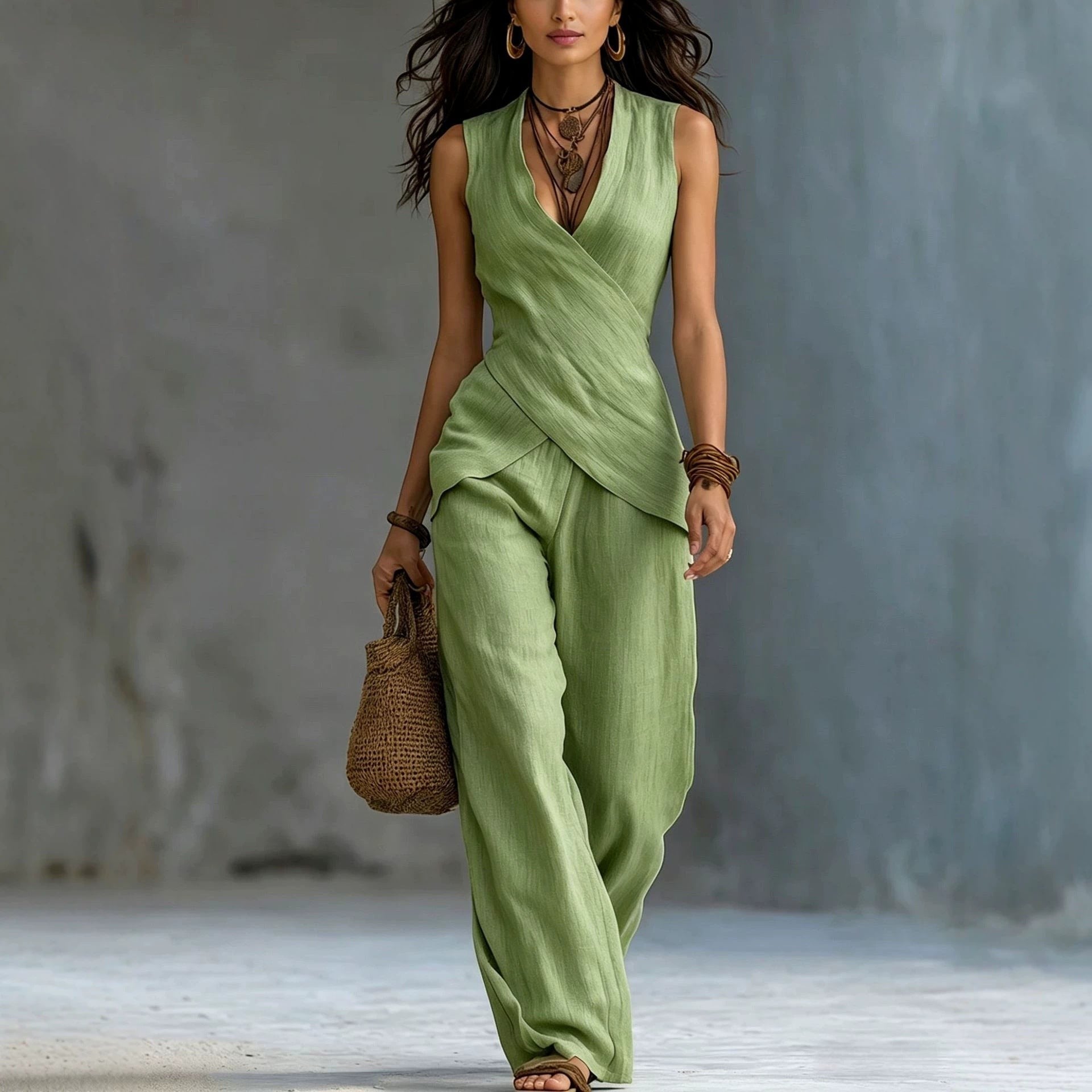 ZOFIA ATELIER light green V-neck wrap-style sleeveless top and wide-leg trousers set, made of polyester.