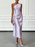ZOFIA ATELIER lilac satin one-shoulder midi dress with waist-cinching and draped details. Sleeveless design.