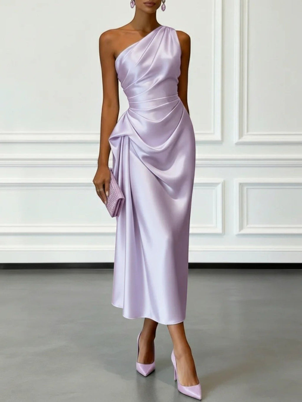 ZOFIA ATELIER lilac satin one-shoulder midi dress with waist-cinching and draped details. Sleeveless design.