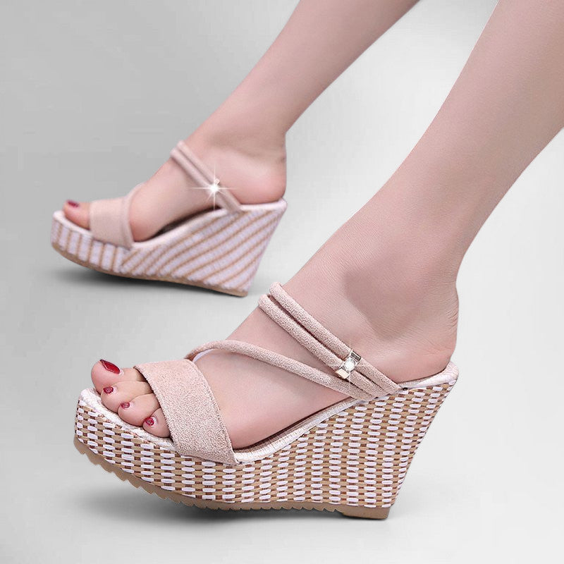 ZOFIA ATELIER LILIANA beige suede slope heel sandals with platform and woven wedge.