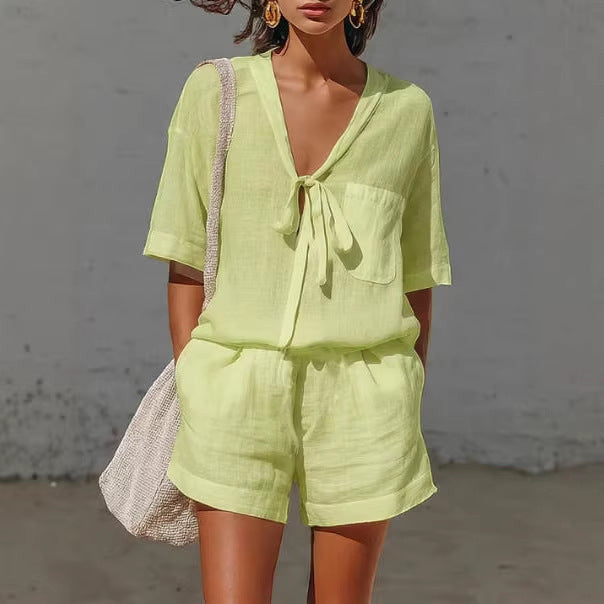 ZOFIA ATELIER lime green lace-up short-sleeve polyester-ammonia blend women's set with cropped shorts.