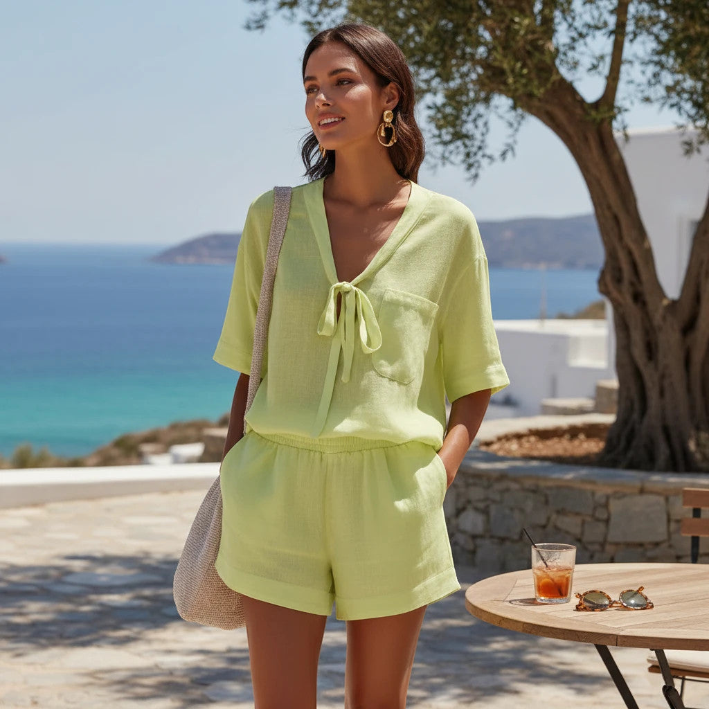 ZOFIA ATELIER lime green lace-up short-sleeve linen-blend set with elastic waist shorts.