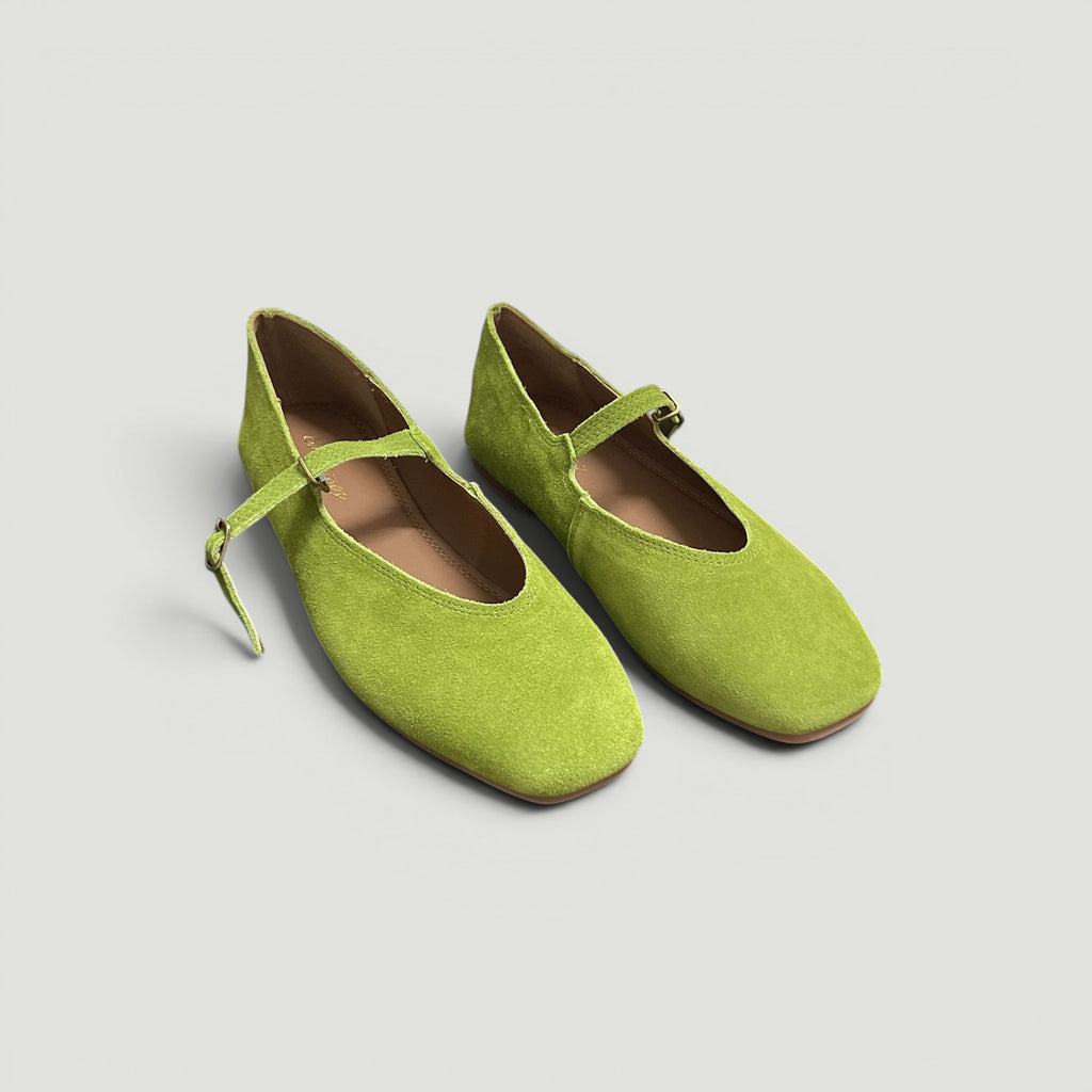 ZOFIA ATELIER lime green suede flat square toe Mary Jane pumps with ankle strap.