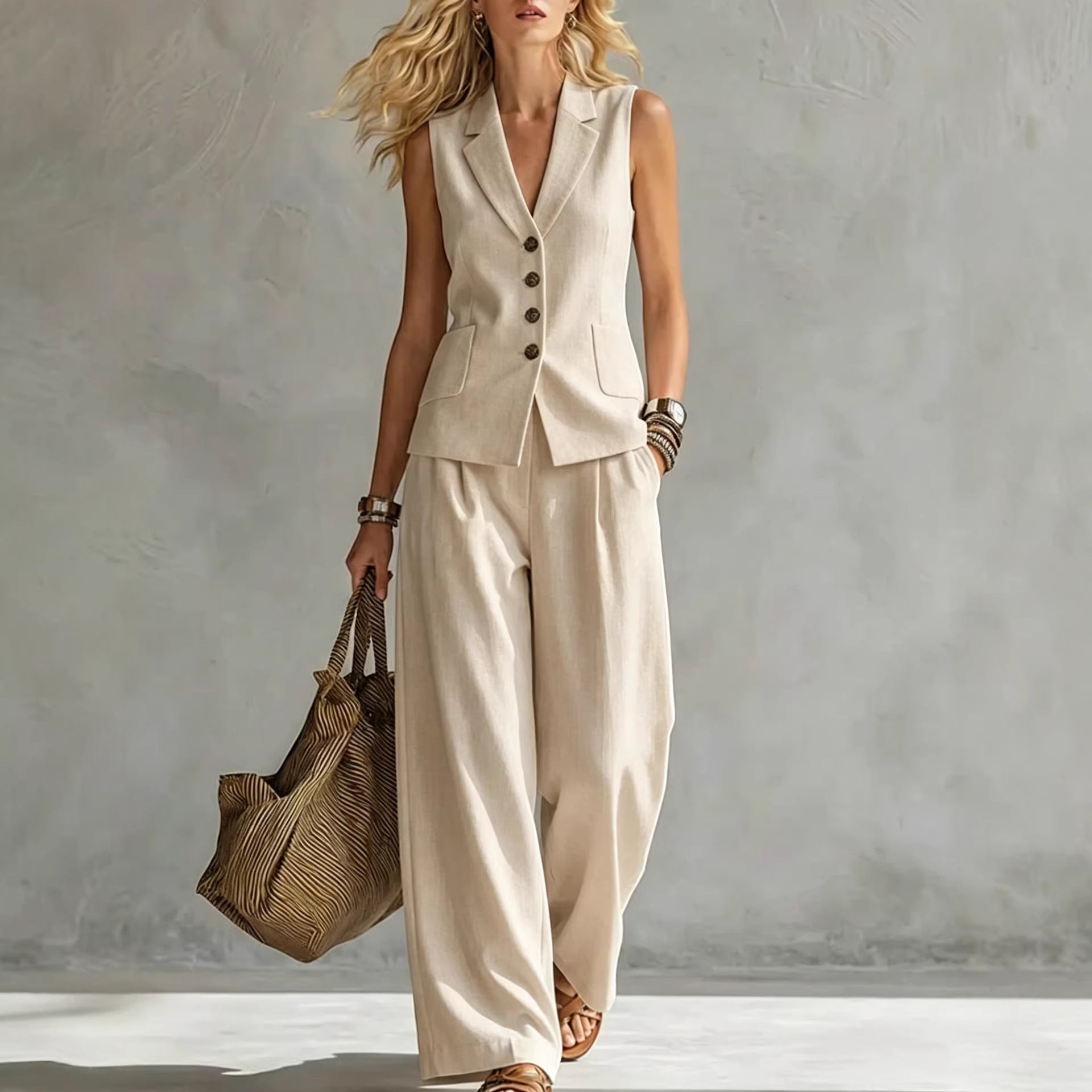 ZOFIA ATELIER beige linen blend sleeveless V-neck vest and wide-leg pants set