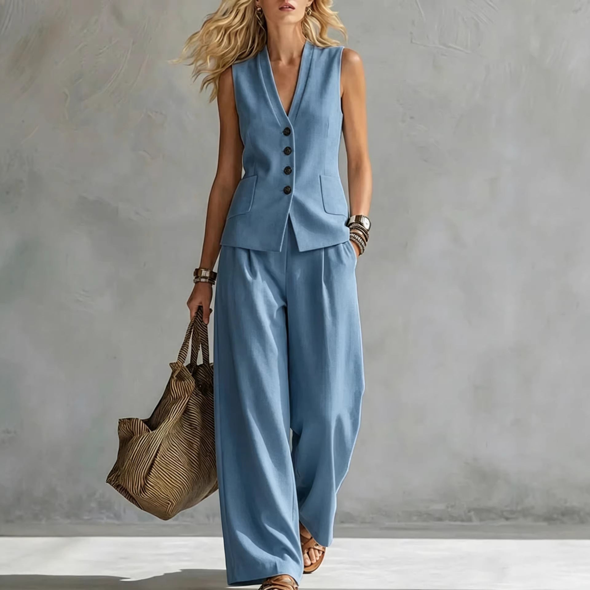 ZOFIA ATELIER light blue linen blend sleeveless V-neck vest and wide-leg pants set