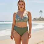 ZOFIA ATELIER LUCIA floral print bikini top with olive green high-waist bottoms on a beach.
