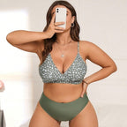 ZOFIA ATELIER LUCIA floral print split swimsuit with high waist bottoms in olive green and white.