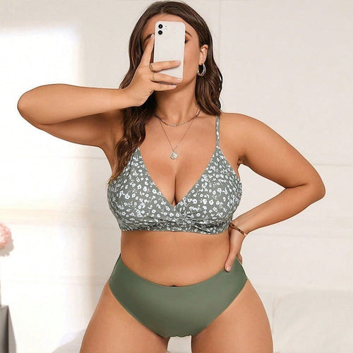 ZOFIA ATELIER LUCIA floral print split swimsuit with high waist bottoms in olive green and white.