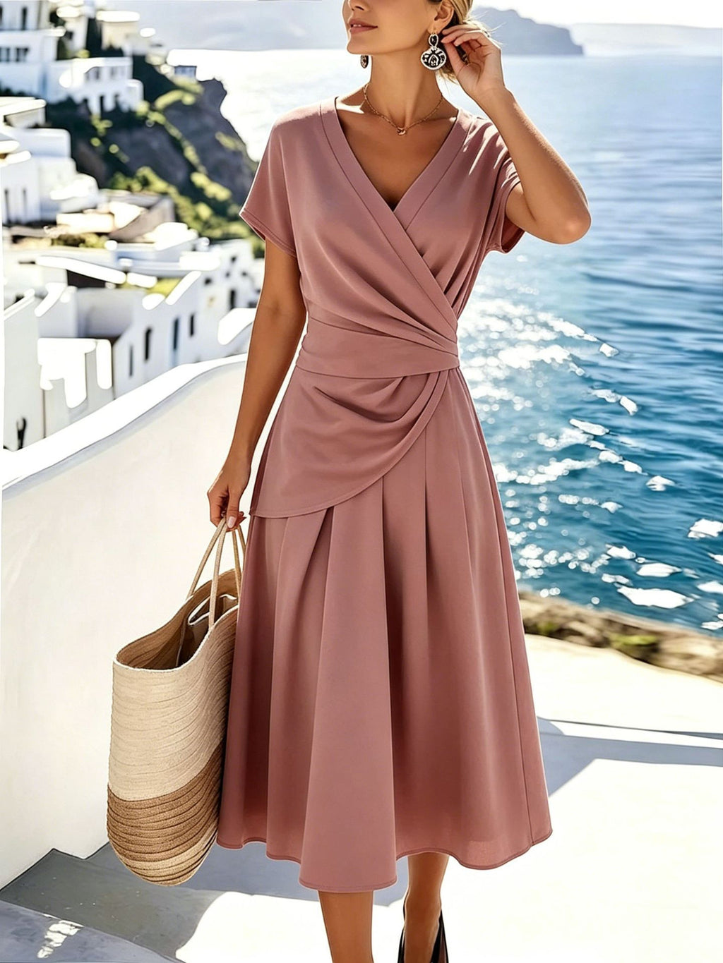 ZOFIA ATELIER Lucia V-neck two-piece set in dusty rose polyester-ammonia blend with short sleeves and pleated skirt.