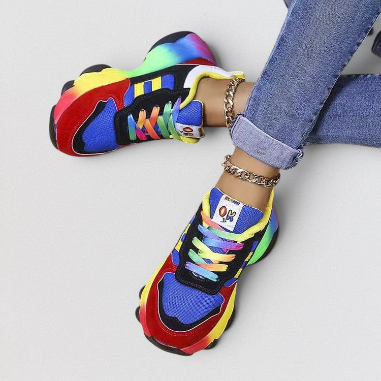 ZOFIA ATELIER LUCYNA color matching dad shoes with rainbow laces and a thick platform sole.