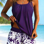 ZOFIA ATELIER Magda Sport Chic bikini set in purple with white leaf print bottoms. Tankini style top with mesh neckline.