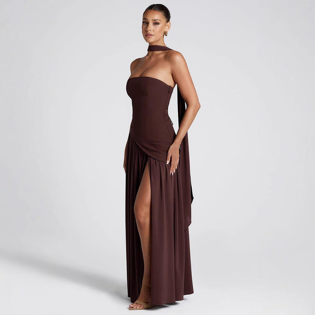 ZOFIA ATELIER MAGDA color block tube dress in dark brown polyester with off-the-shoulder neckline and high slit.