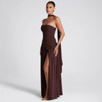 ZOFIA ATELIER MAGDA color block tube dress in dark brown polyester with off-the-shoulder neckline and high slit.