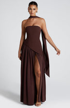ZOFIA ATELIER MAGDA color block tube dress in dark brown polyester with off-the-shoulder neckline and high slit.