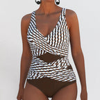 ZOFIA ATELIER Magdalena sleeveless brown and white striped one-piece swimsuit with V-neck and wrap detail.