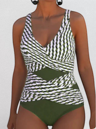 ZOFIA ATELIER Magdalena sleeveless one-piece swimsuit with green, white, and black striped pattern and solid green bottom.