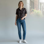 ZOFIA ATELIER MAJA loose top with short sleeves and a heart print pattern in pink and red on black polyester fabric.