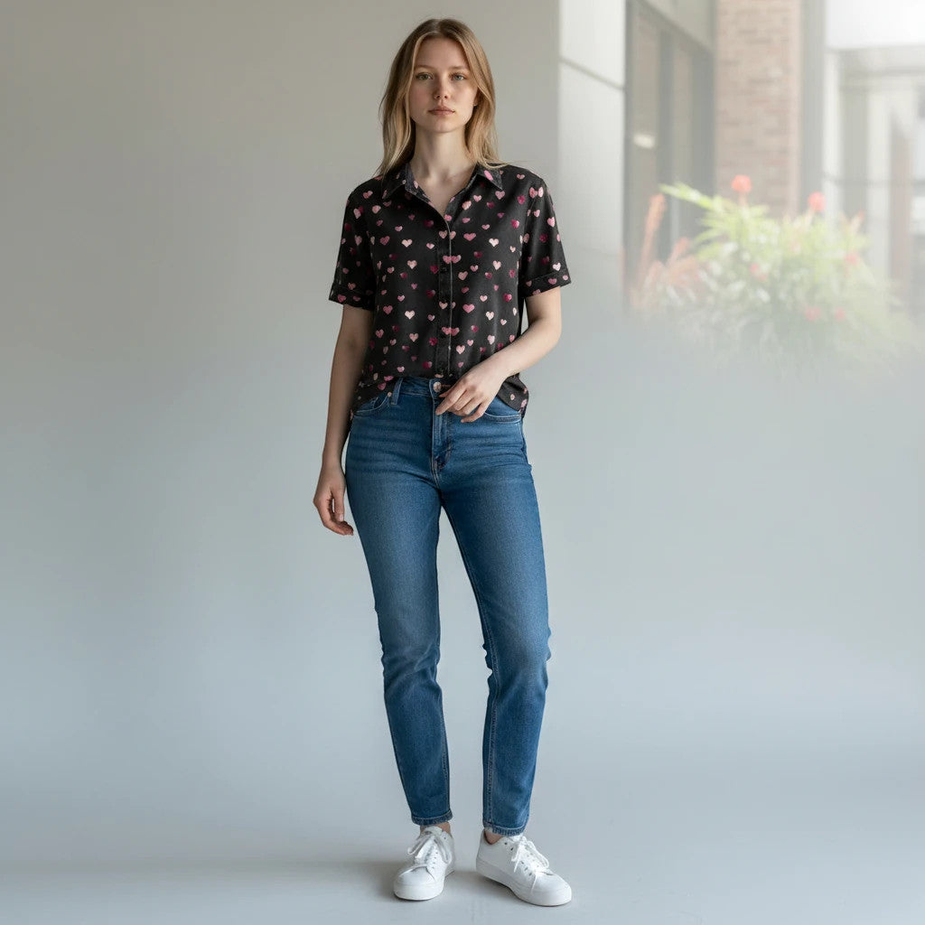 ZOFIA ATELIER MAJA loose top with short sleeves and a heart print pattern in pink and red on black polyester fabric.